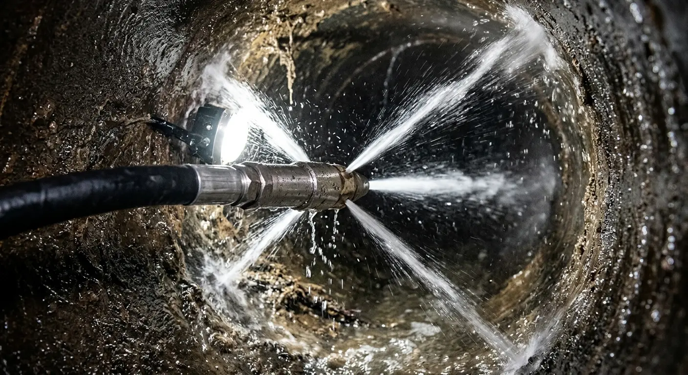 High-pressure hydro jetting nozzle cleaning sewer pipe for Trenchless Sewer Repair in Old Saybrook