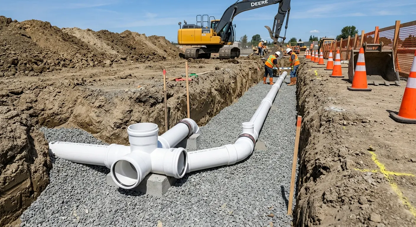 New PVC sewer pipe installation in open trench for Sewer Backup in Old Saybrook