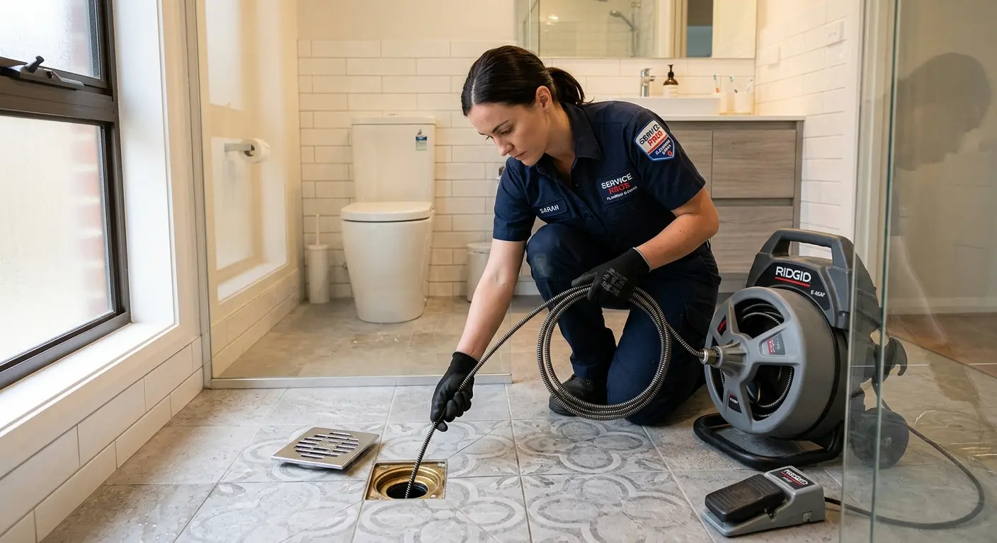 Technician clearing a bathroom floor drain for Drain Cleaning in Old Saybrook